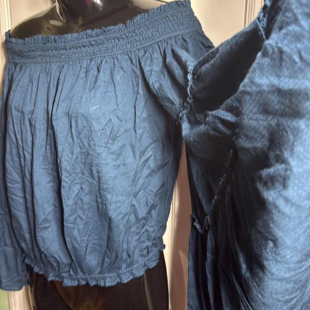 Free People Navy Blue Free Spirit Off Shoulder Bell Sleeve Boho Oversized Crop - Picture 5 of 11